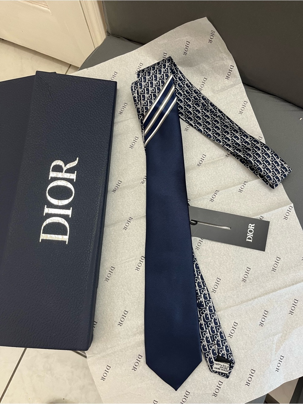 Dior Navy Silk Tie with Signature Dior Pattern - Picture 2 of 4